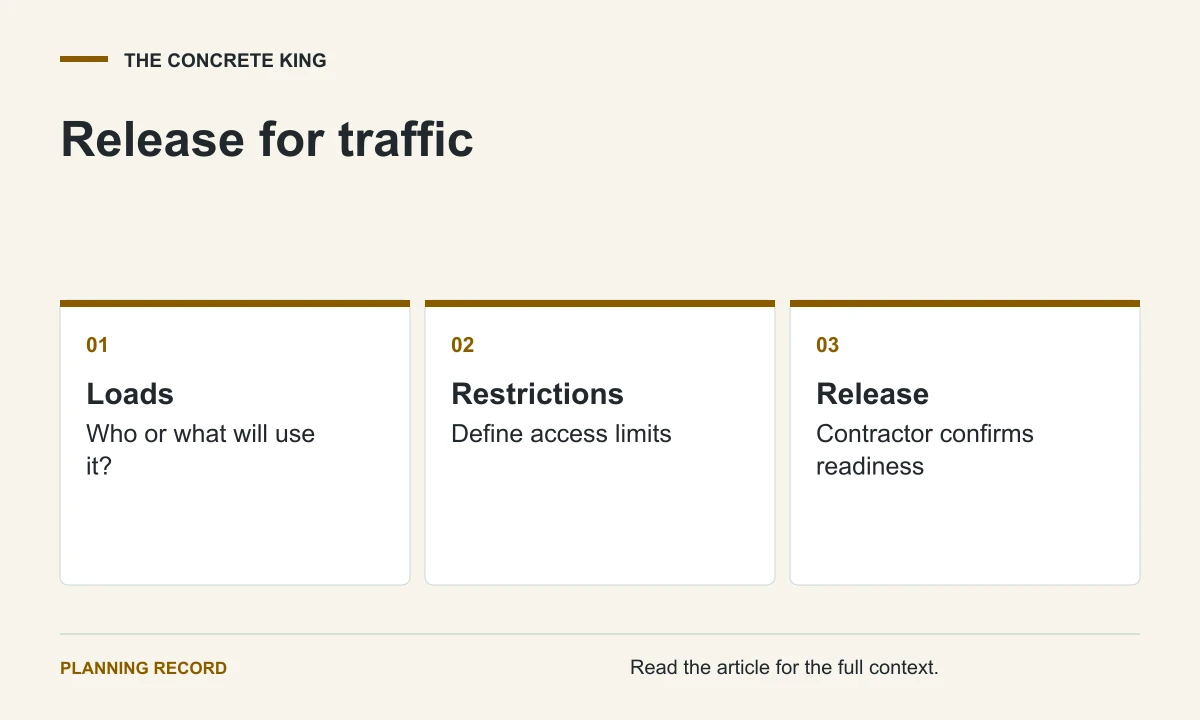 Release for traffic: Loads, Who or what will use it?; Restrictions, Define access limits; Release, Contractor confirms readiness