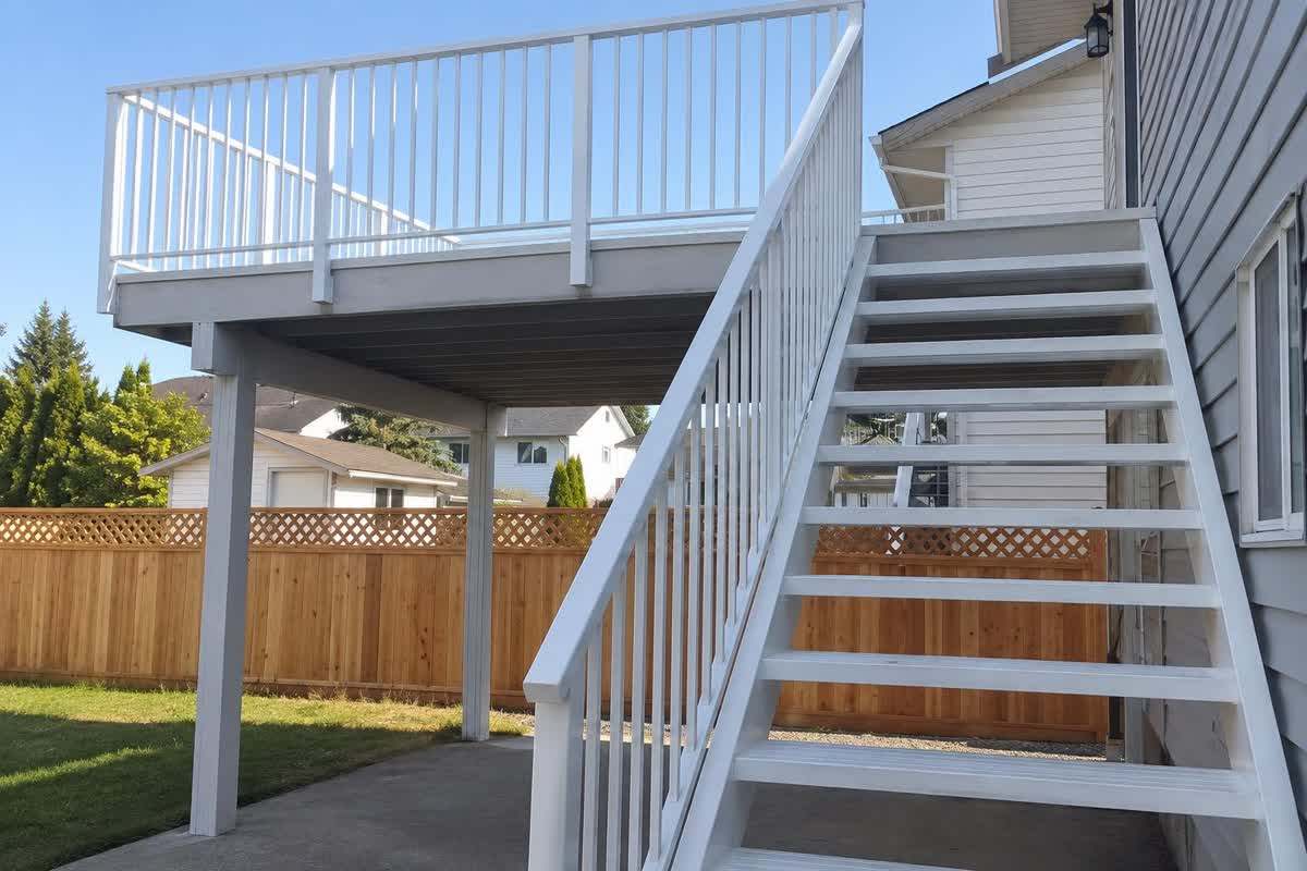 White exterior staircase and picket railings leading to an elevated deck
