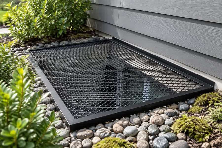 Black metal grate covering an exterior window well beside house siding